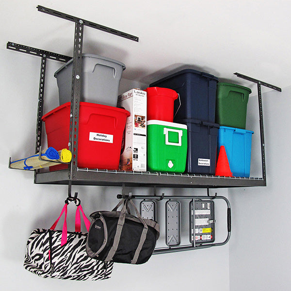 saferacks overhead garage storage rack with ladder, bags, and bins (7726739488982)