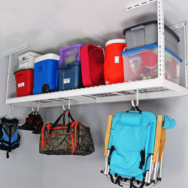 saferacks overhead garage storage rack with bins and chairs hanging from accessory hooks (7726744797398)