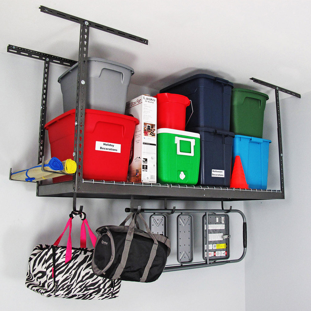 saferacks overhead garage storage rack with bins and bags hanging from hooks (7726739390678)