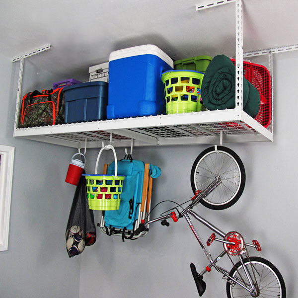 saferacks overhead garage storage rack with chairs and bike hanging from storage hooks (7726744568022)