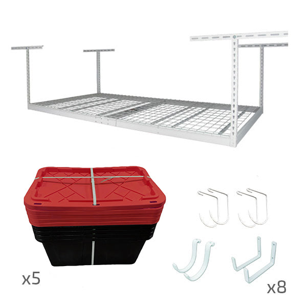 saferacks 4x8 overhead garage storage rack with 5 storage bins and accessory hooks (7726739292374)