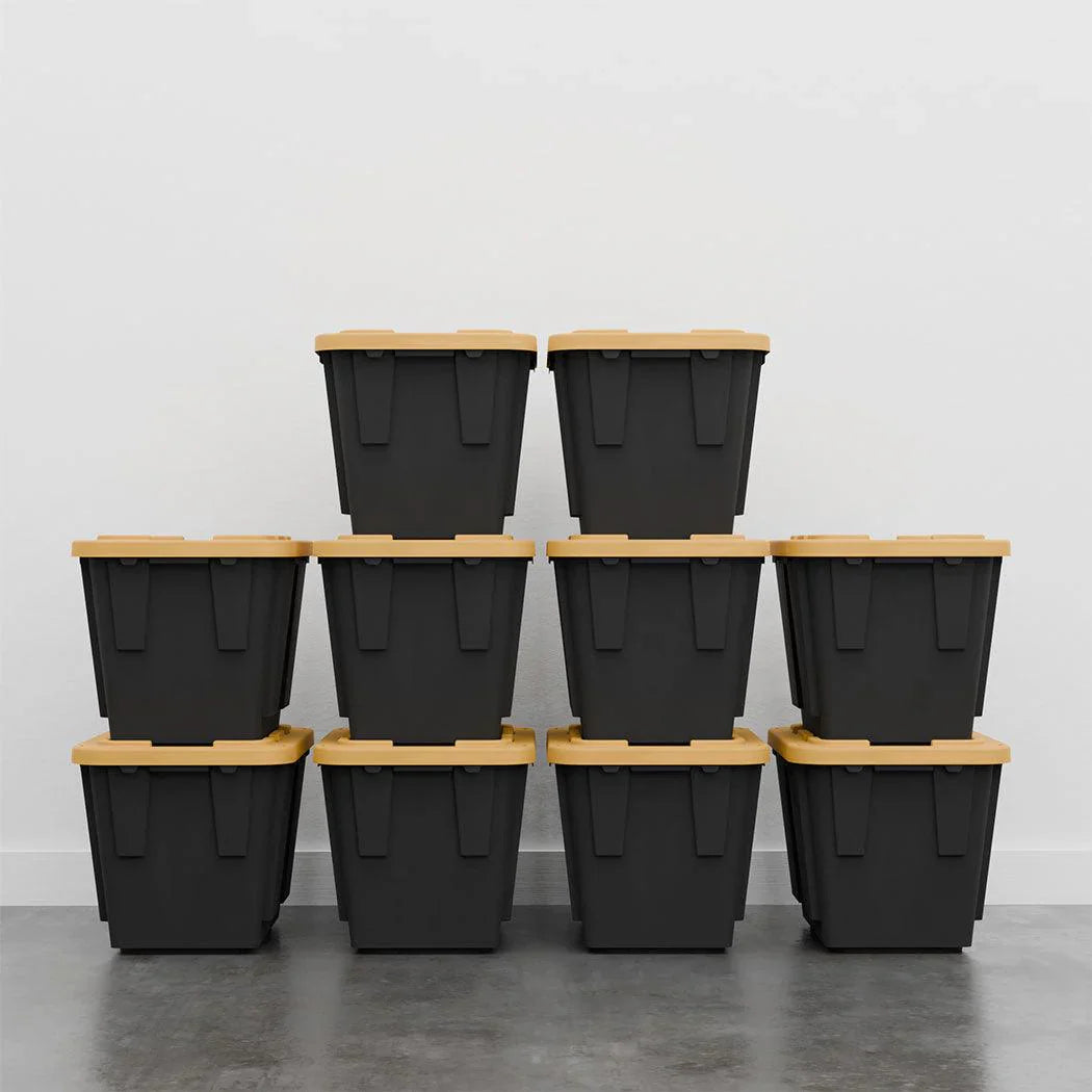 12-gallon black storage tote bins with yellow lids