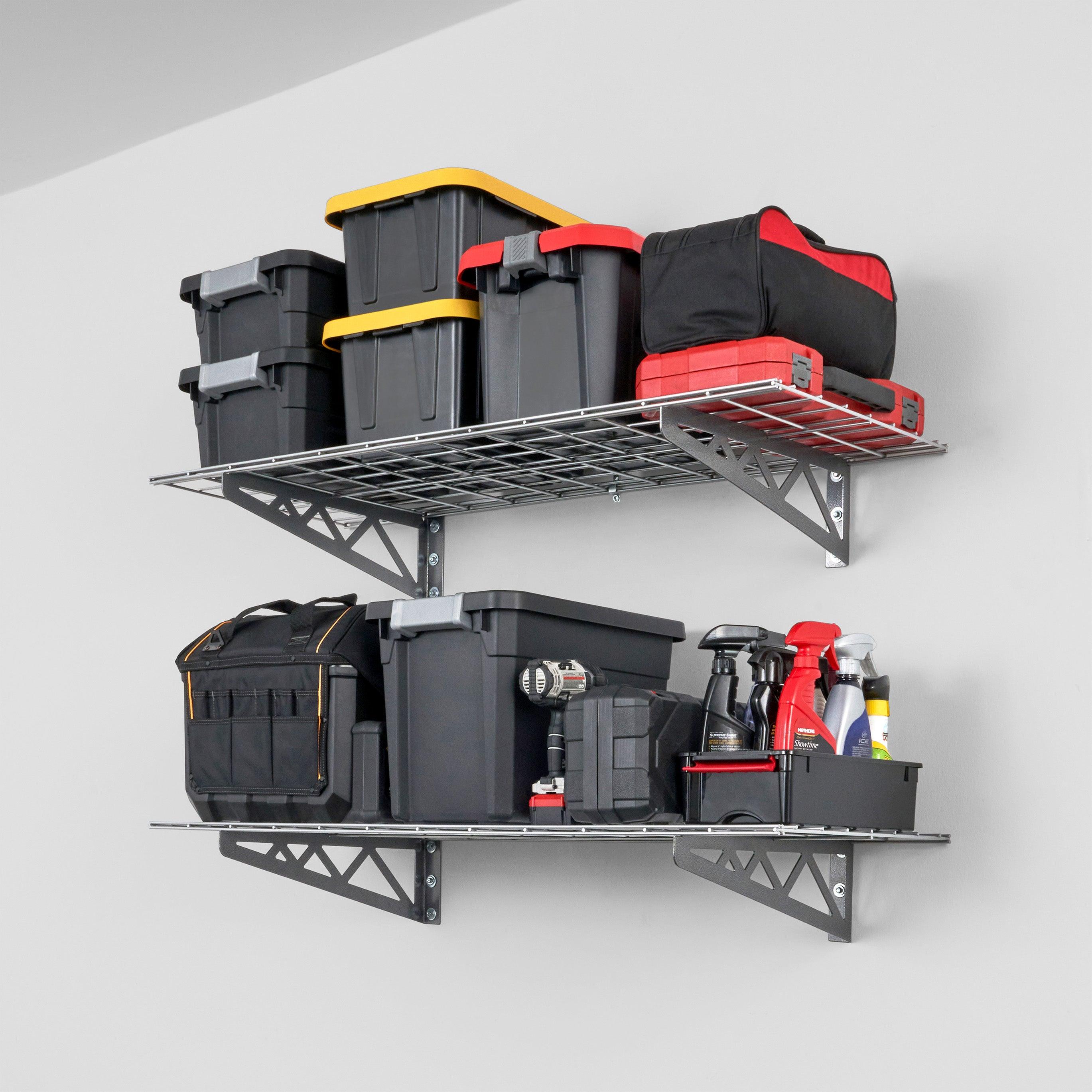 wall shelves loaded with storage bins, tools, and car equipment