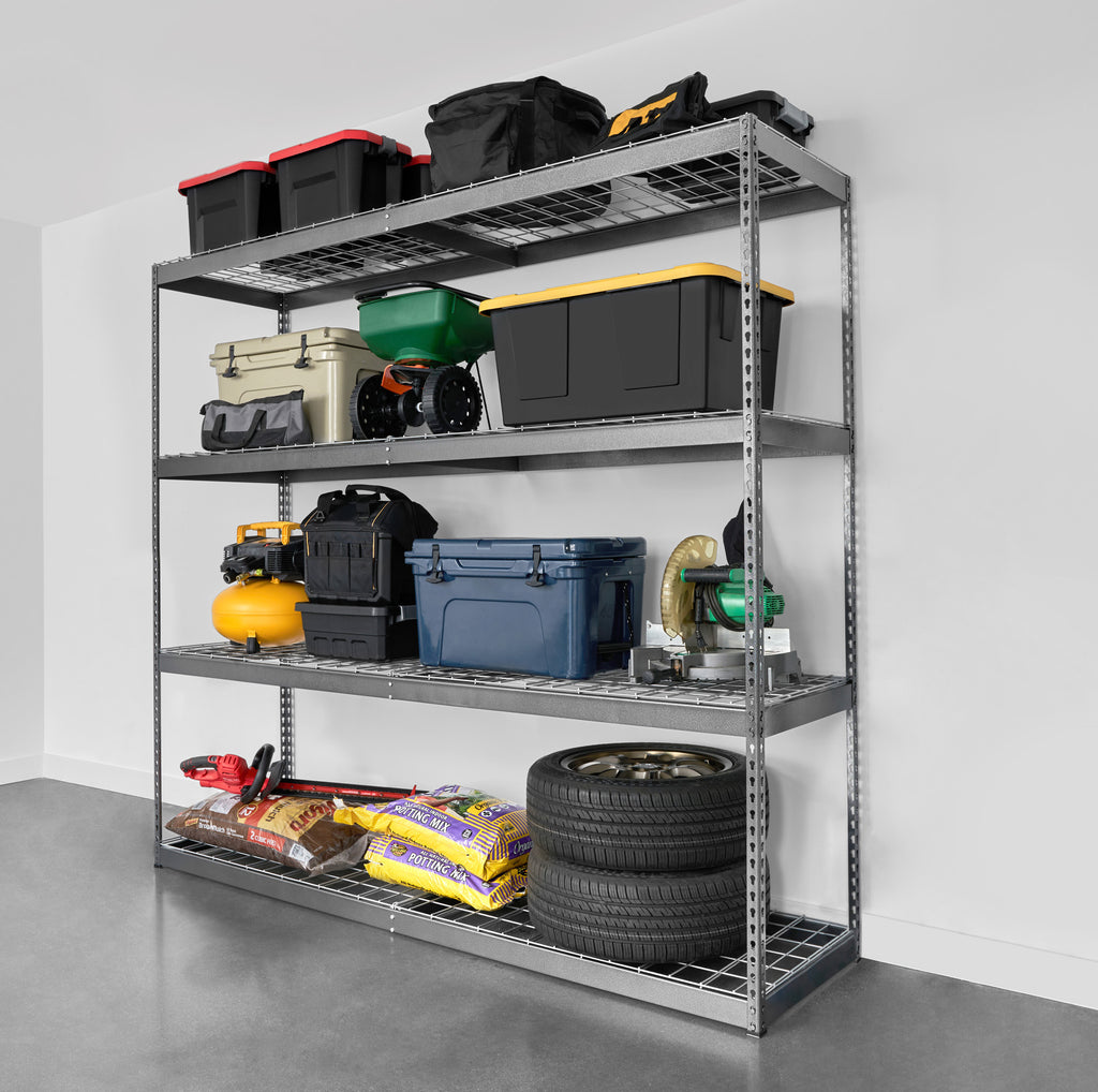 garage shelving loaded with tires, bins, coolers, bags, and gardening supplies