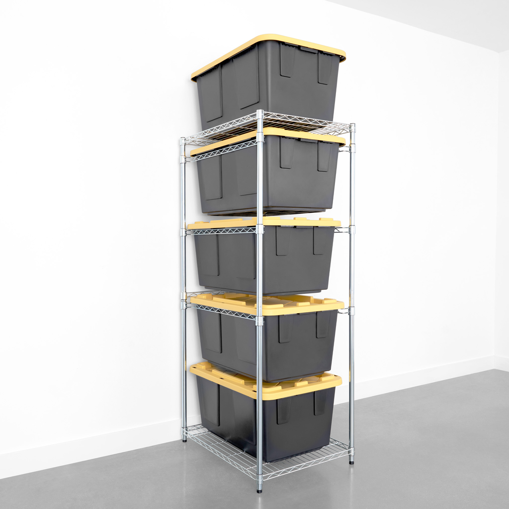 storage bin rack full with yellow storage bins
