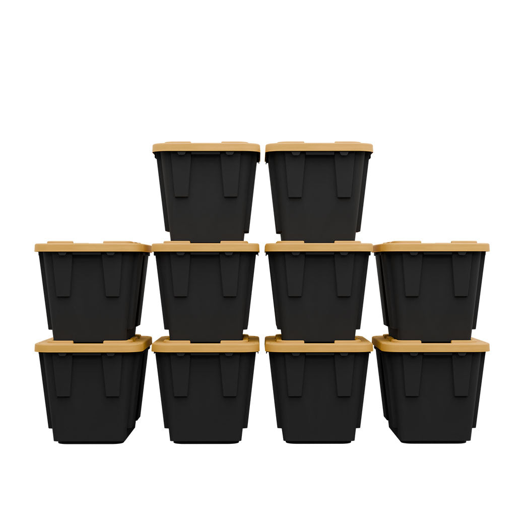 10 pack 12 gallon black bins with yellow lids