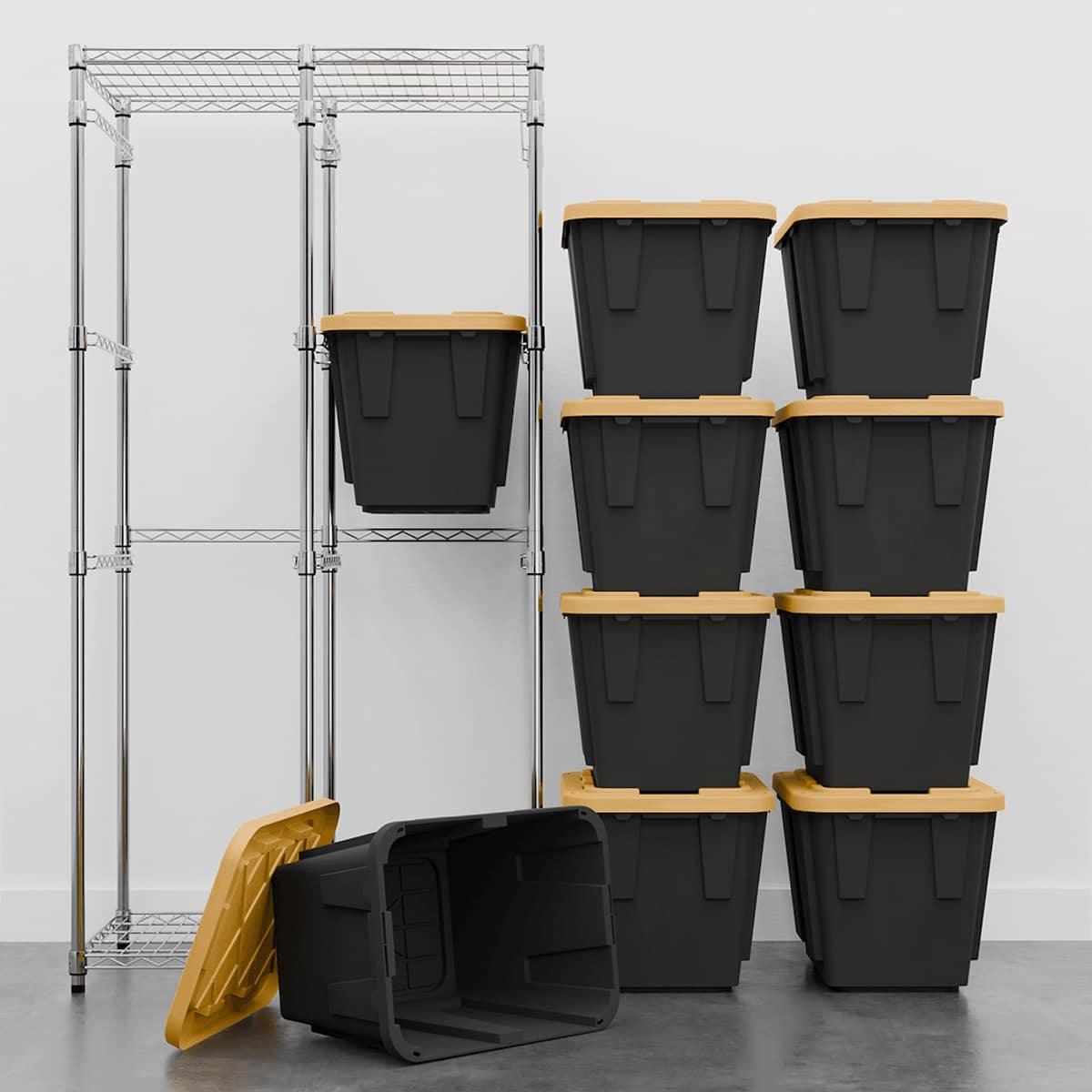 Zinc Storage Rack and Ten 12 Gallon Black Storage Bins with Yellow Lids