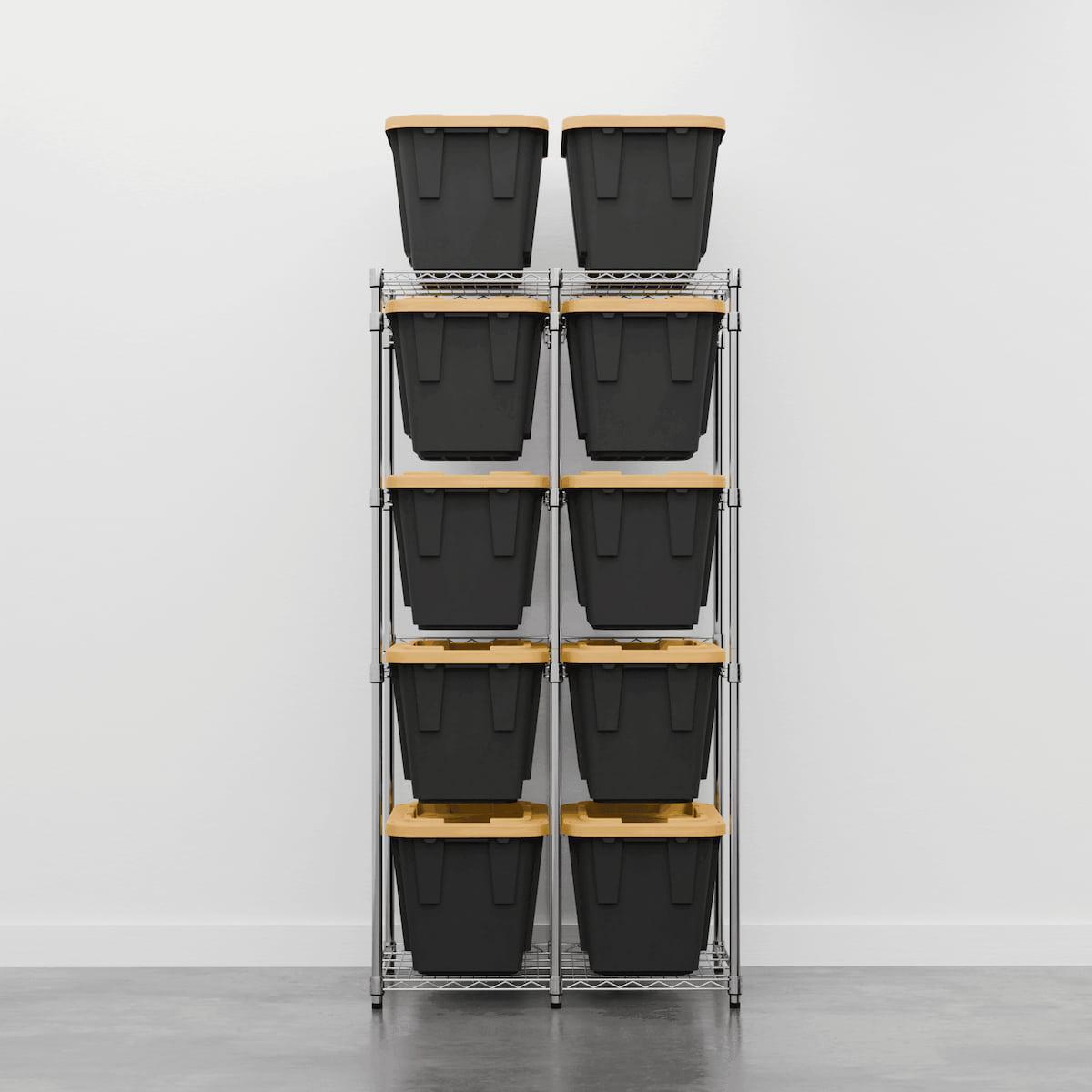 Zinc storage rack with ten 12 gallon bins