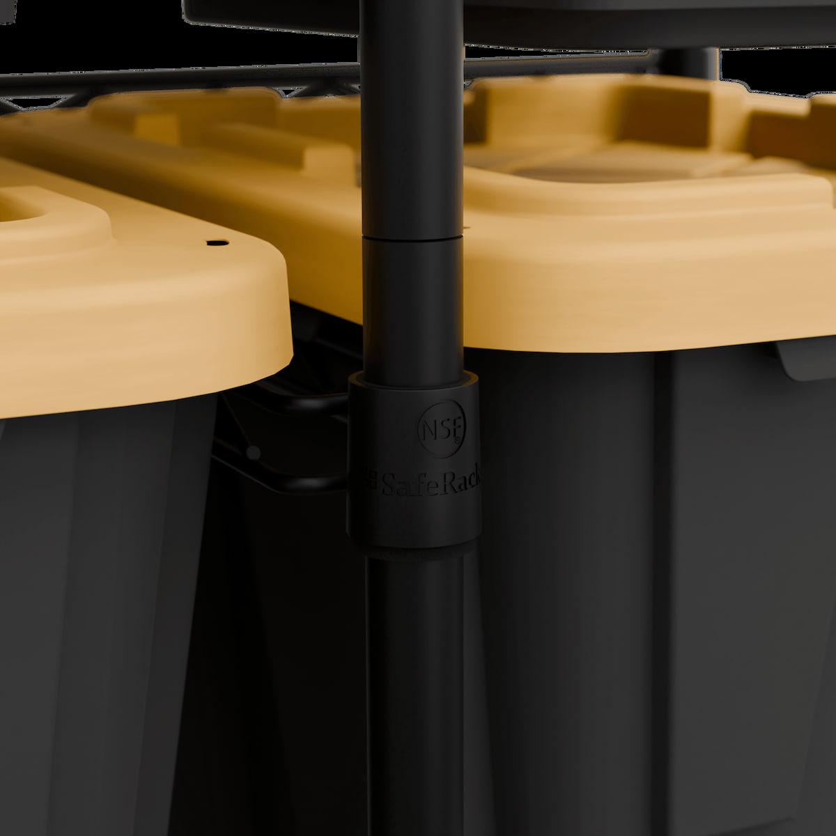 Close-up of black storage rack and black bins with yellow lids