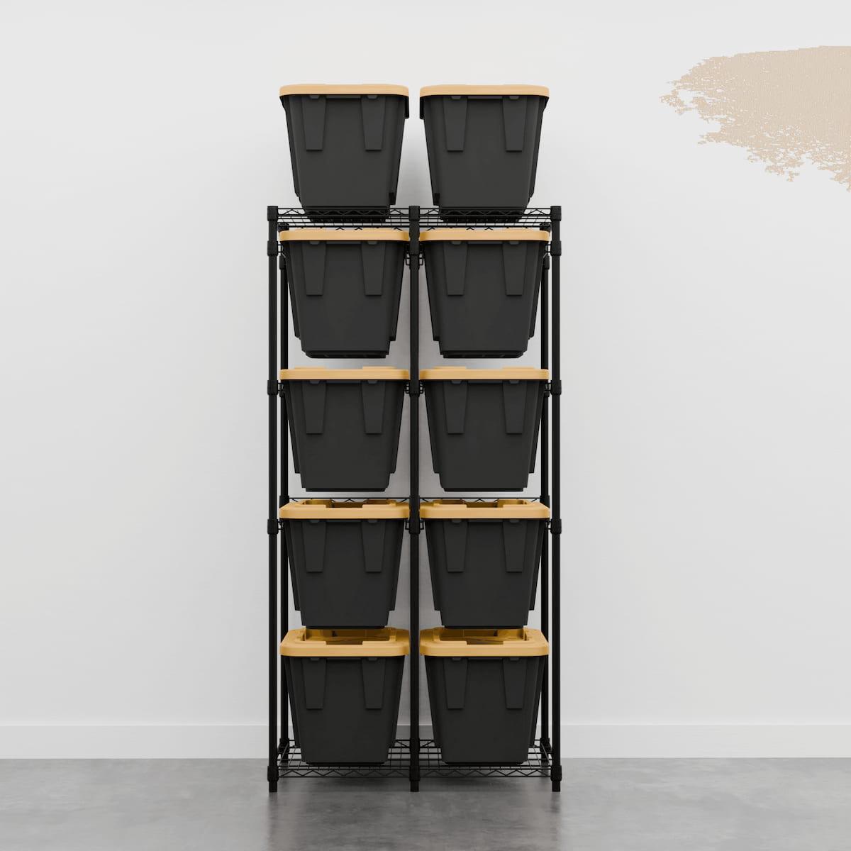 Black storage rack with ten 12 gallon bins