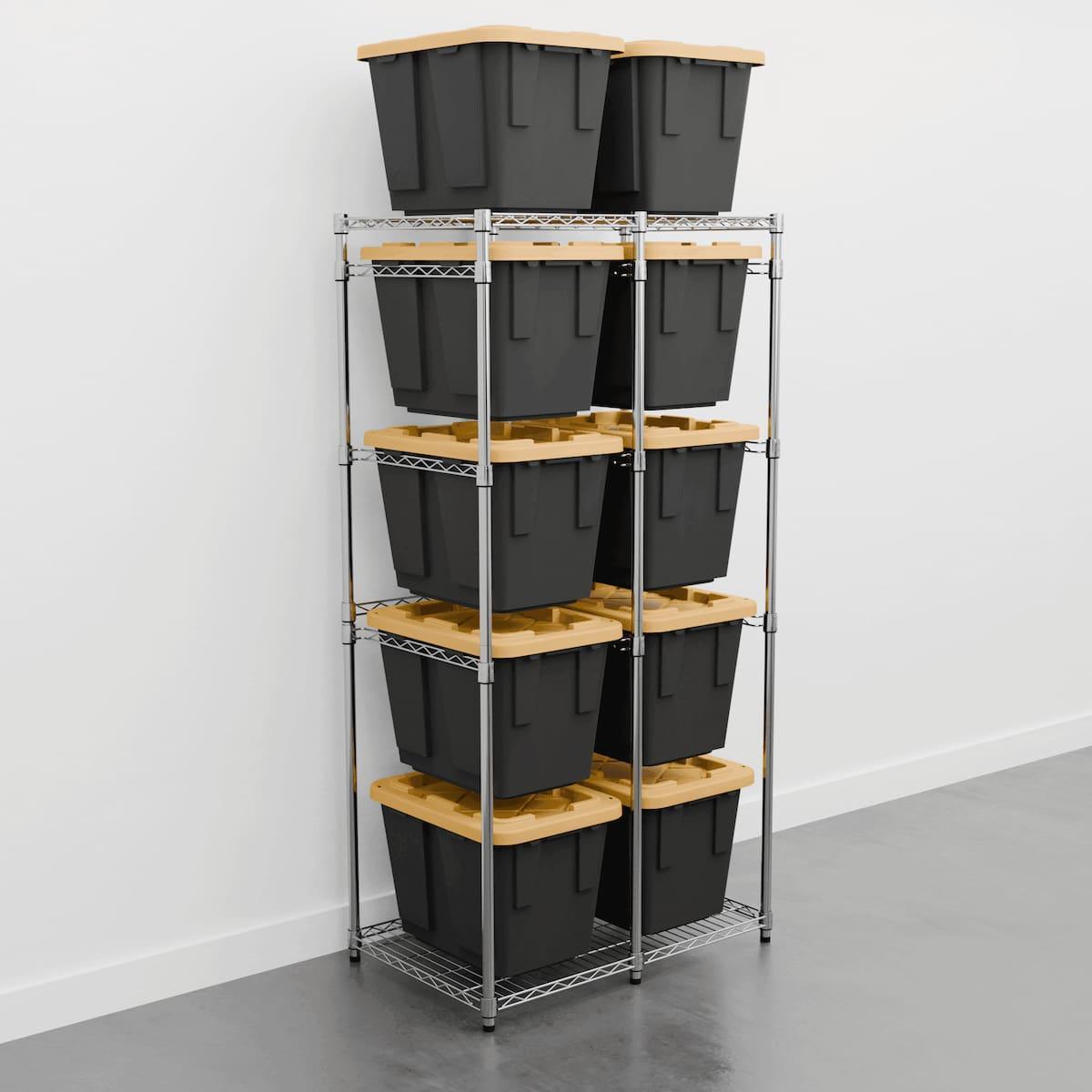 Zinc storage rack with ten 12 gallon bins