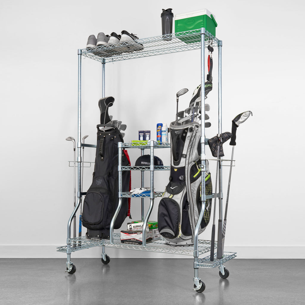 Deluxe Golf Bag Organizer with golf bags, golf hats, golf clubs, and golf accessories