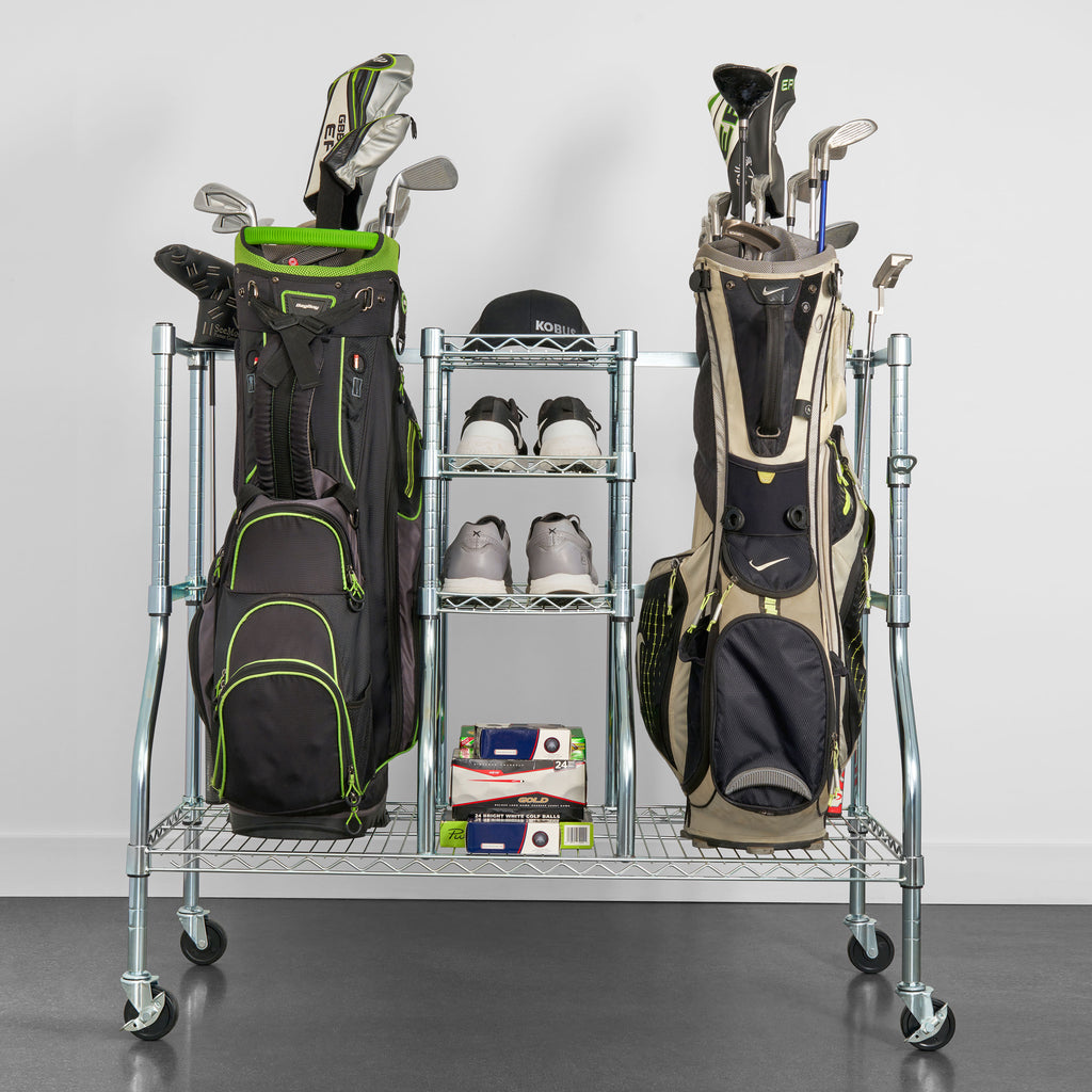 golf bag organizer with 2 golf bags, golf shoes, golf clubs, and golf accessories