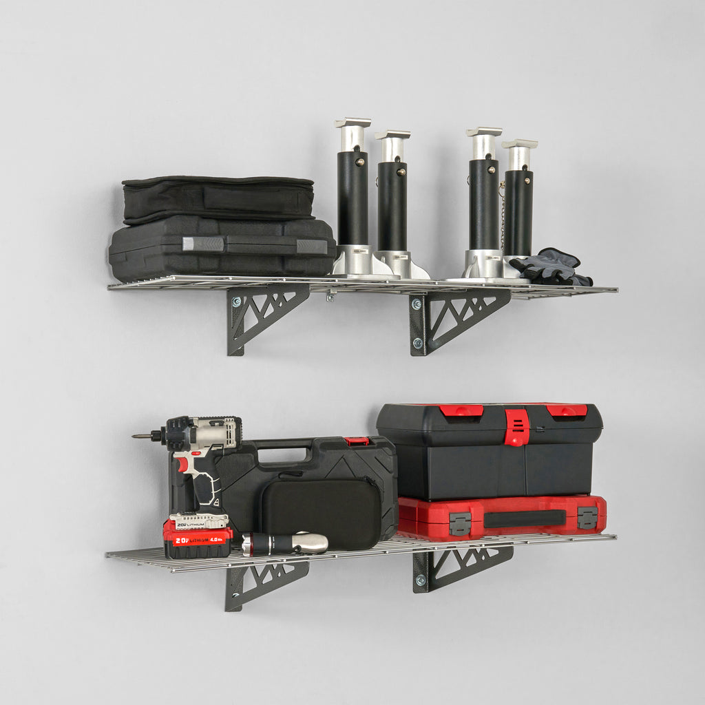 SafeRacks wall shelves with car tools and accessories