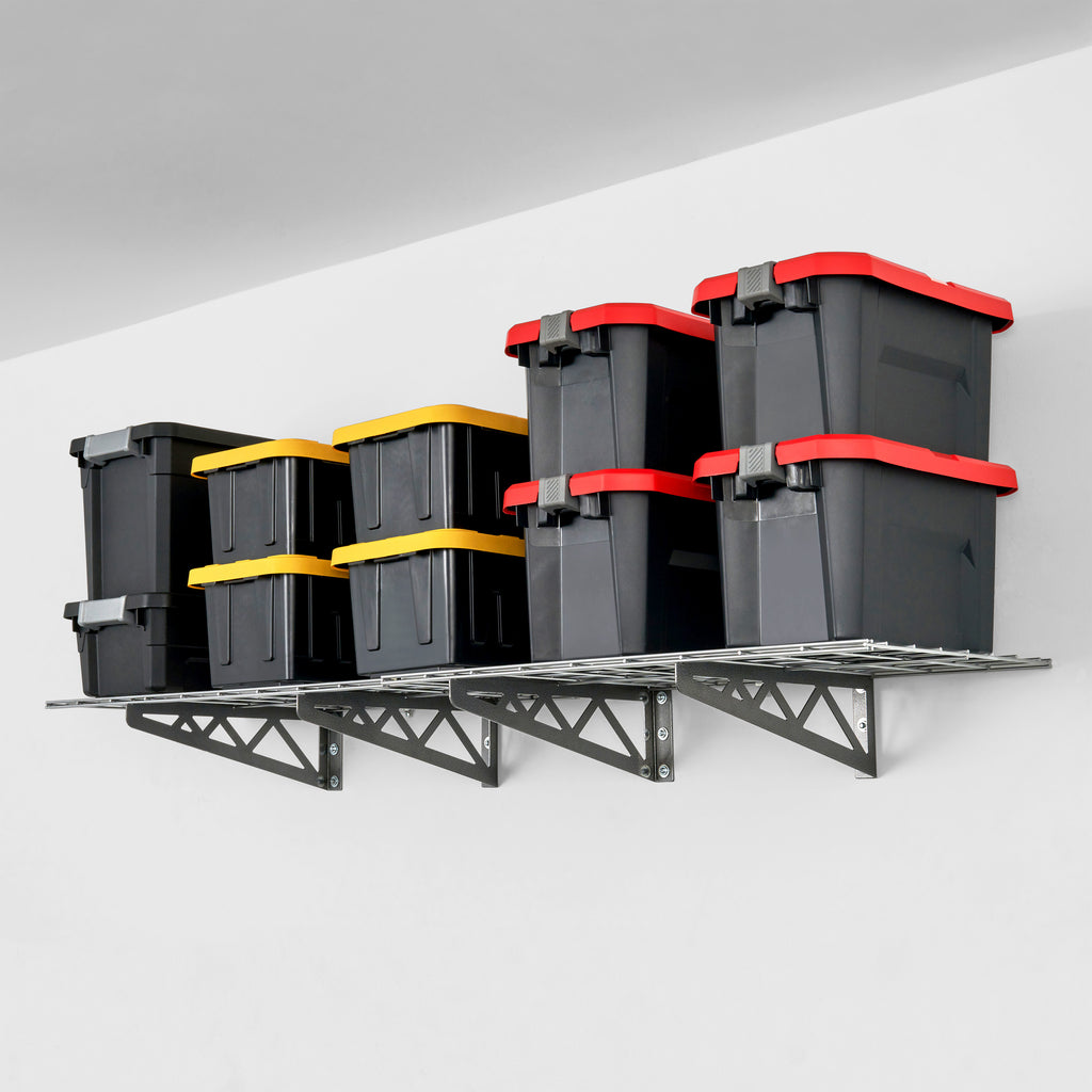 SafeRacks wall shelves with storage bins