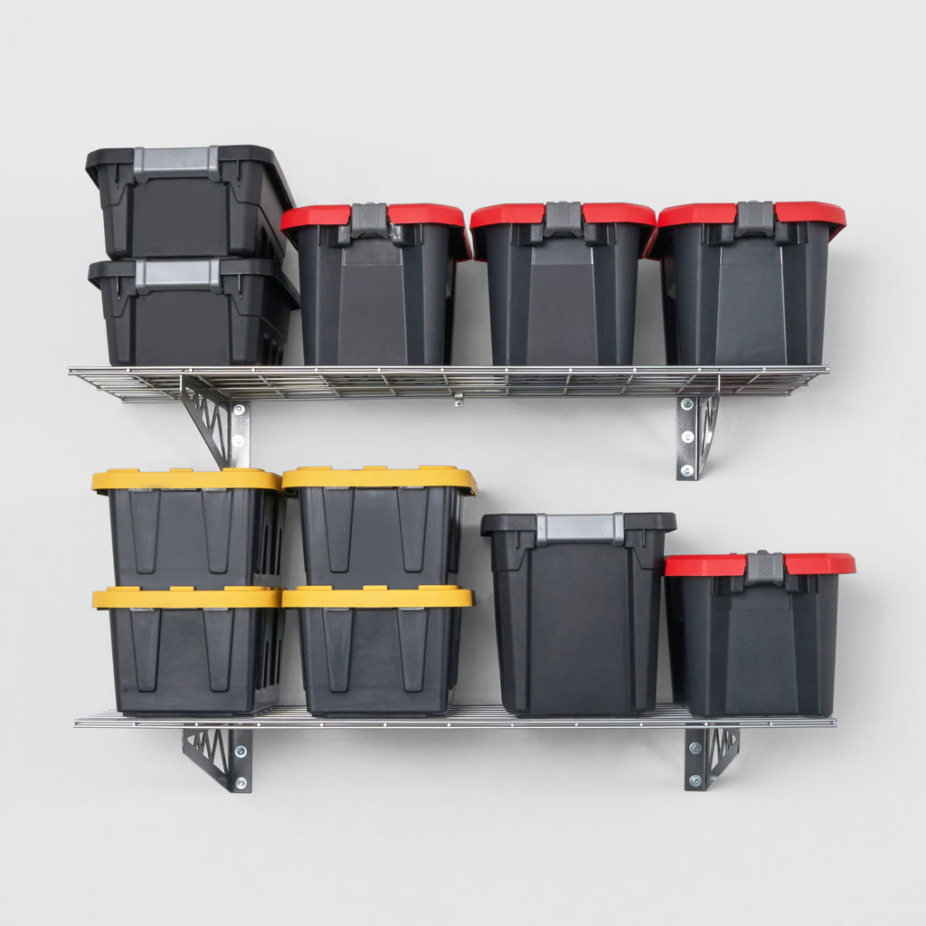 SafeRacks wall shelves with storage bins