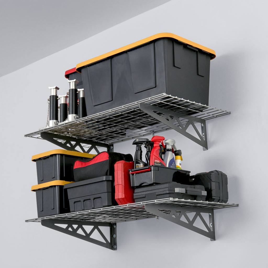 SafeRacks wall shelves with storage bins, and car accessories