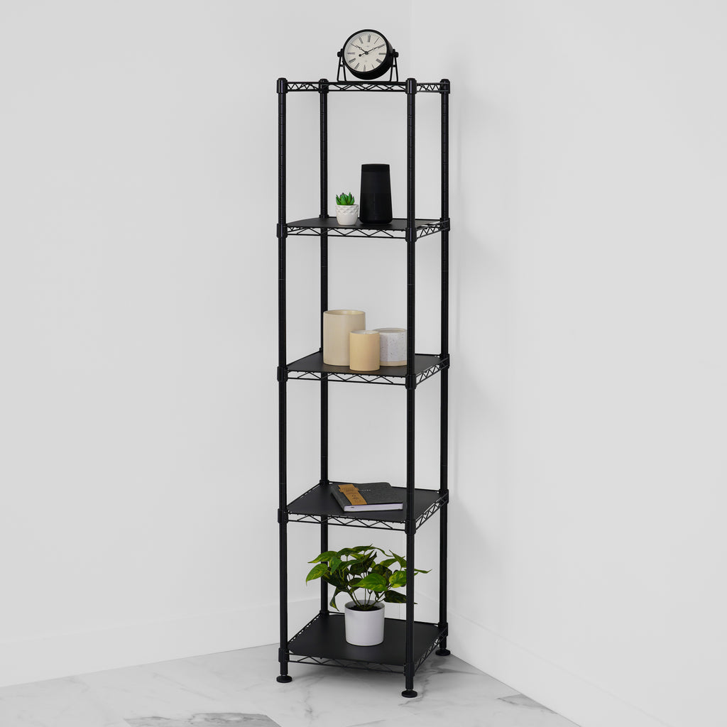 saferacks 14x14x60 corner wire rack with interior decorations like plants, books, and candles