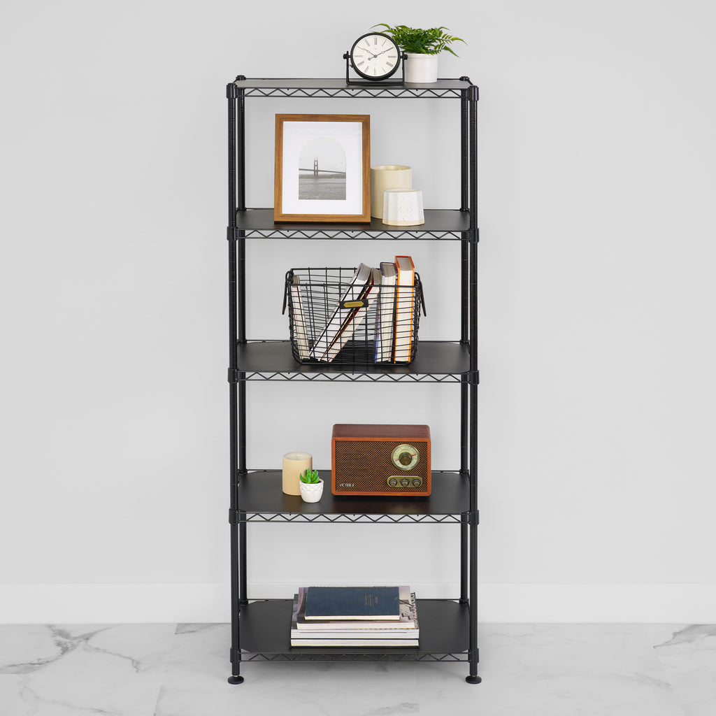 saferacks 14x24x60 wire rack with interior decorations like picture frames, books, and plants