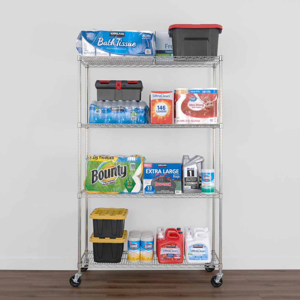 saferacks 18x48x72 wire rack with storage bins, and other household items like bath tissue, paper towels, and detergent