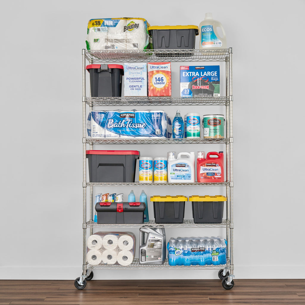 saferacks 18x48x72 wire rack with groceries, paper towels, bath tissue, detergent, storage bins and other household items