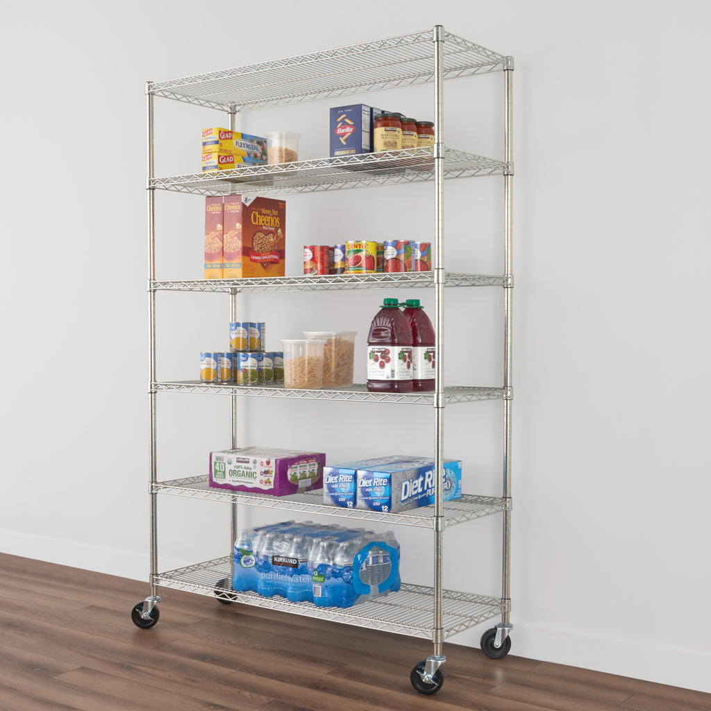 saferacks 18x48x72 wire rack with canned goods, drinks and other food
