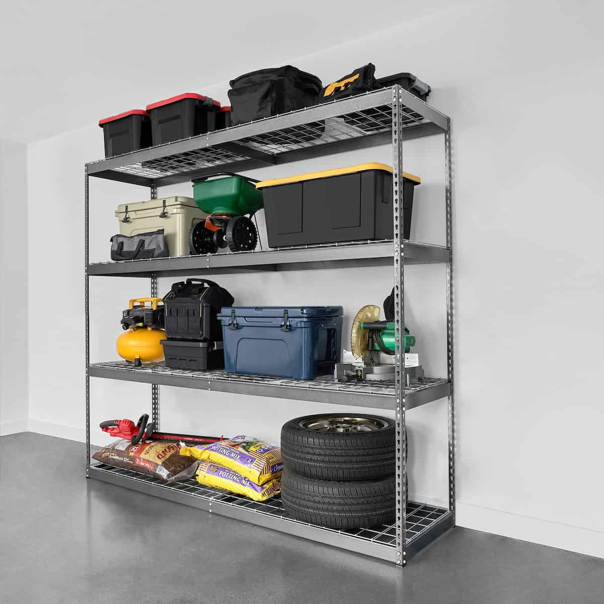 24" x 92" x844" Garage Shelving in Hammertone holding various items