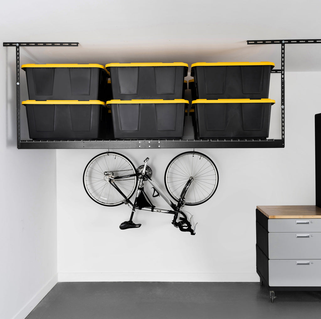saferacks 4x8 overhead garage storage rack with storage bins and bike hanging from accessory hook