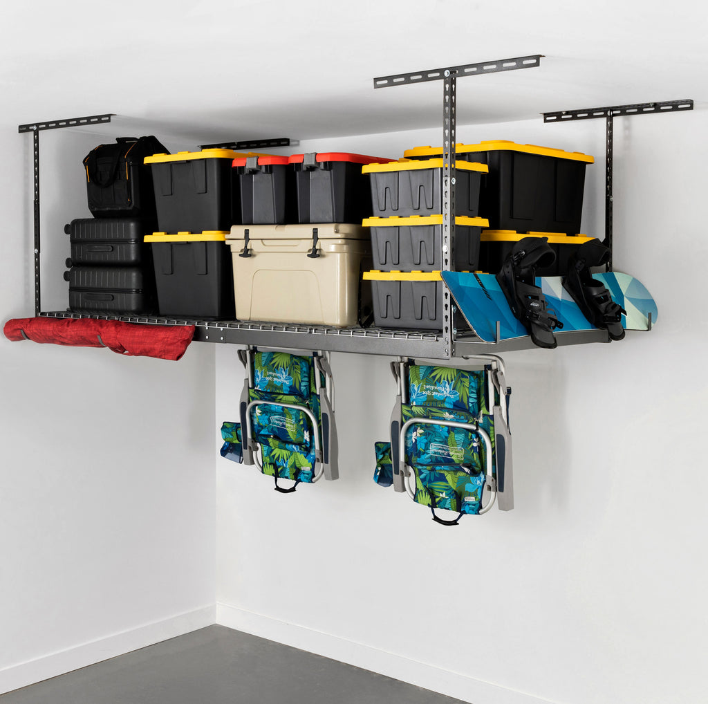 saferacks overhead garage storage rack with storage bin, coolers, and chairs and snowboards hanging from hooks