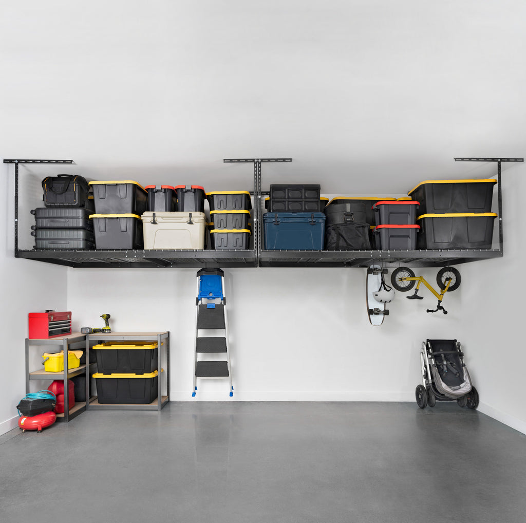 saferacks overhead garage storage rack two pack with storage bins, boxes, coolers, and ladder and bike hanging from storage hooks