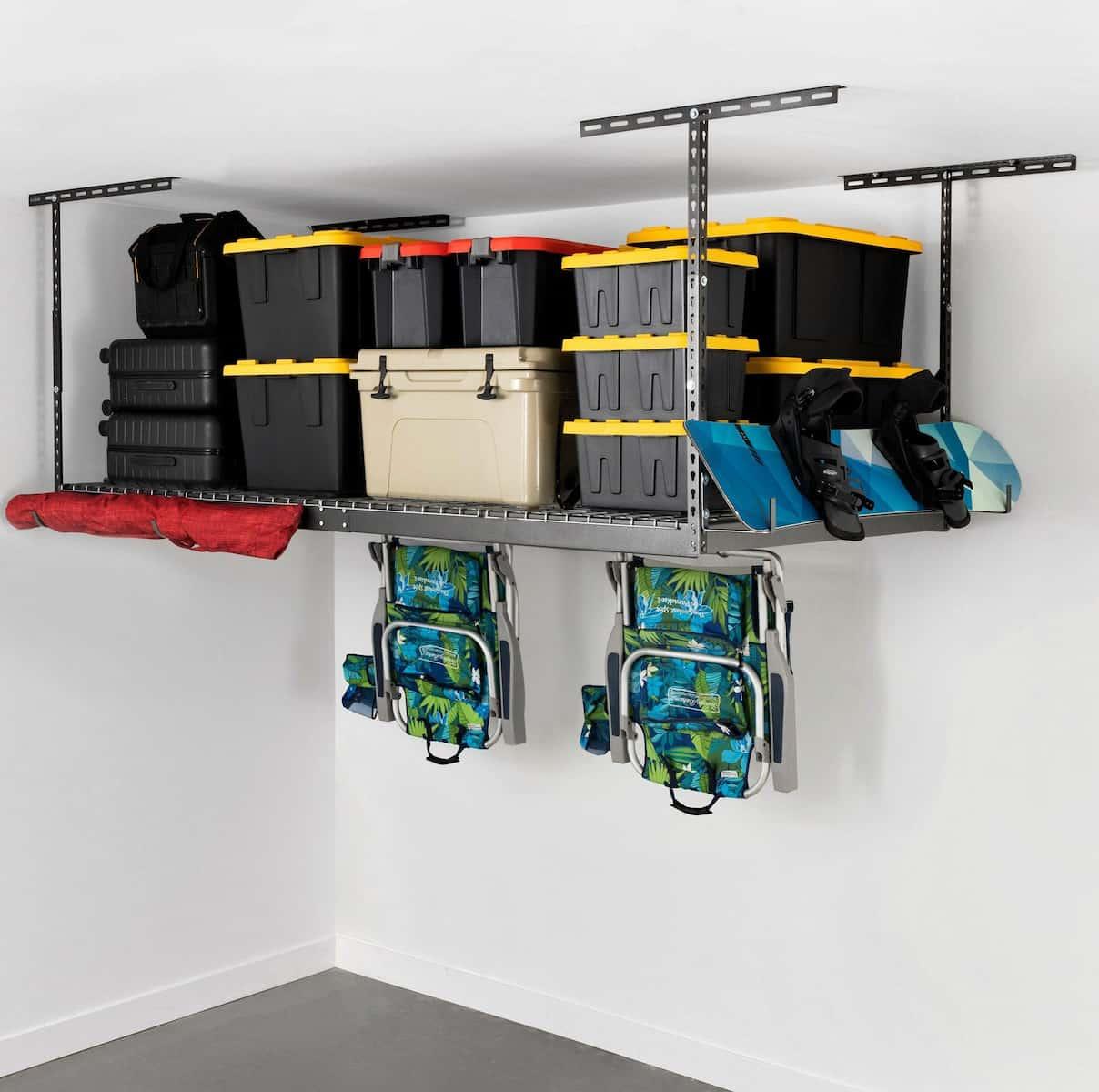 saferacks overhead storage rack hammertoe with bins, beach chairs, umbrella and snowboard