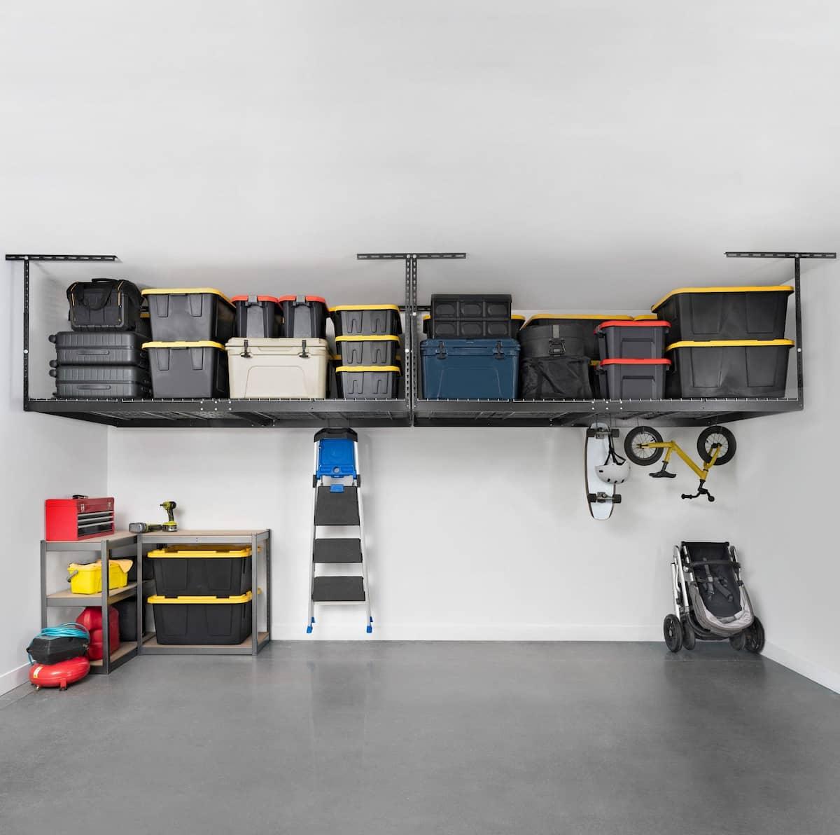 4' x 8' Overhead Storage Rack Combo with bins, ladder, bike, skateboard, and shelving unit in corner