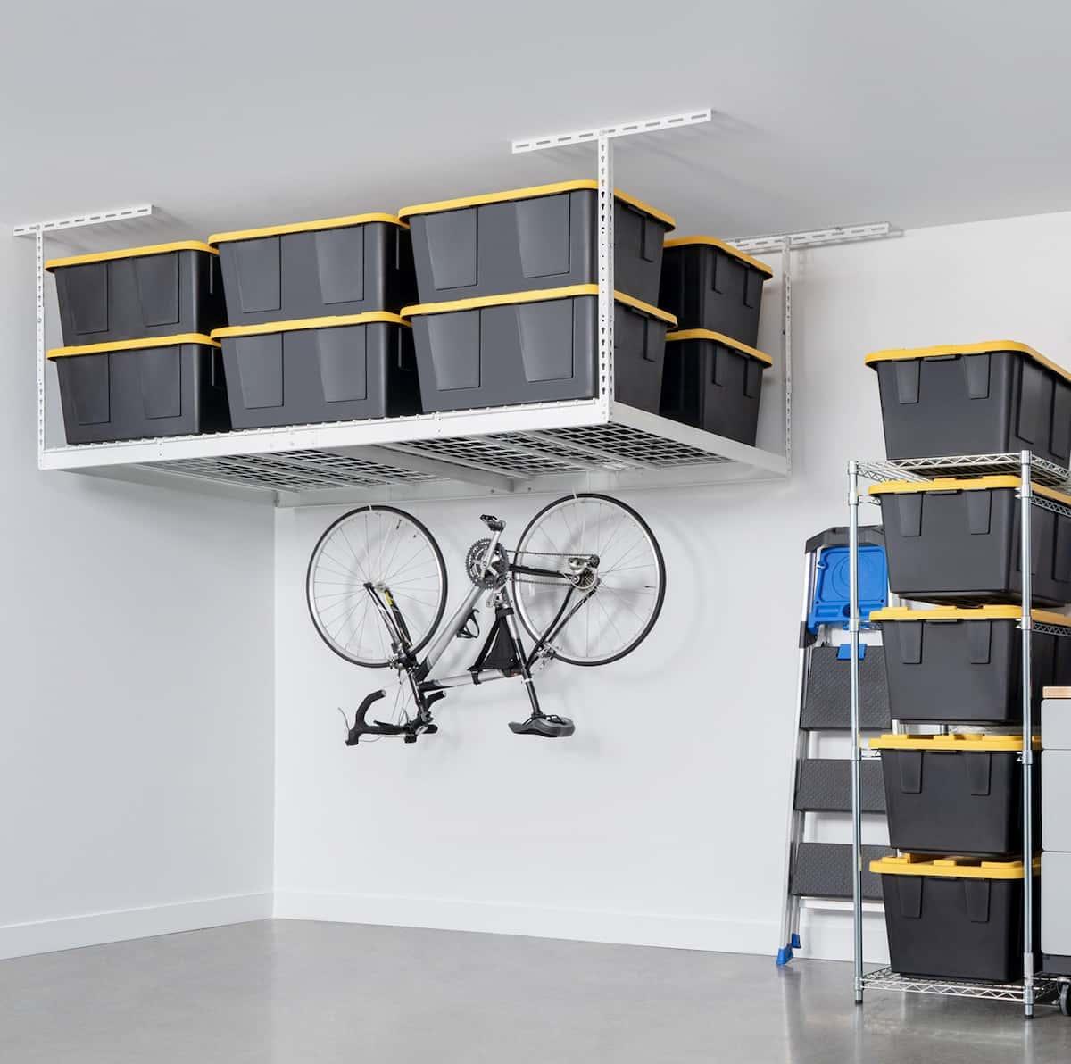 4x8 overhead storage rack with bins and bike