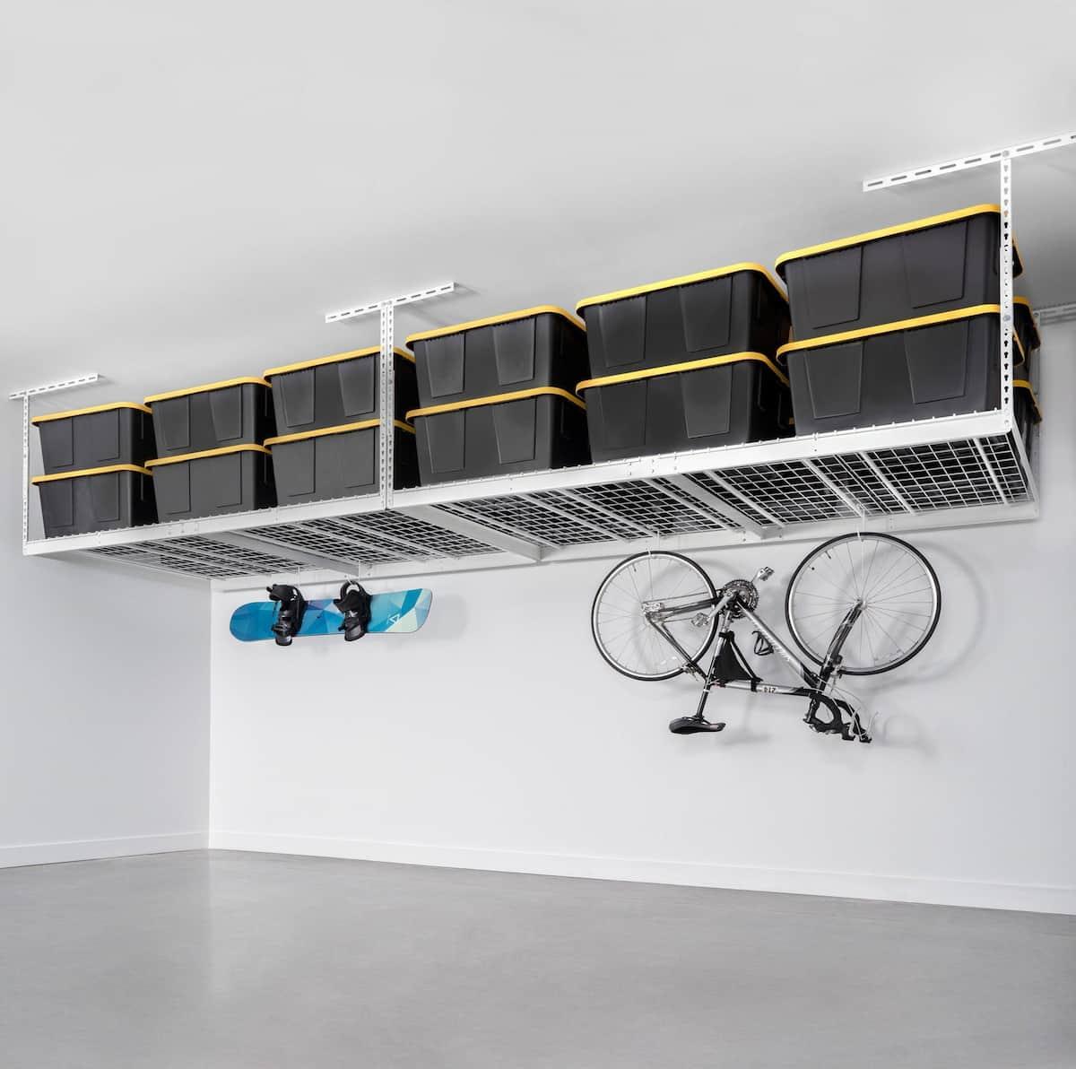 4' x 8' Overhead Storage Rack Combo with bins, bike, and snowboard