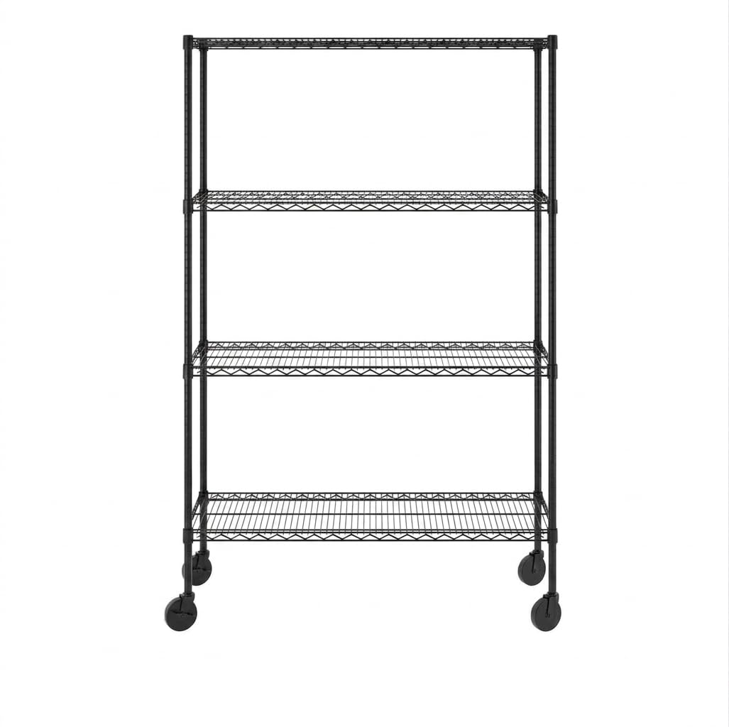An empty black metal wire shelving unit on wheels with four shelves.