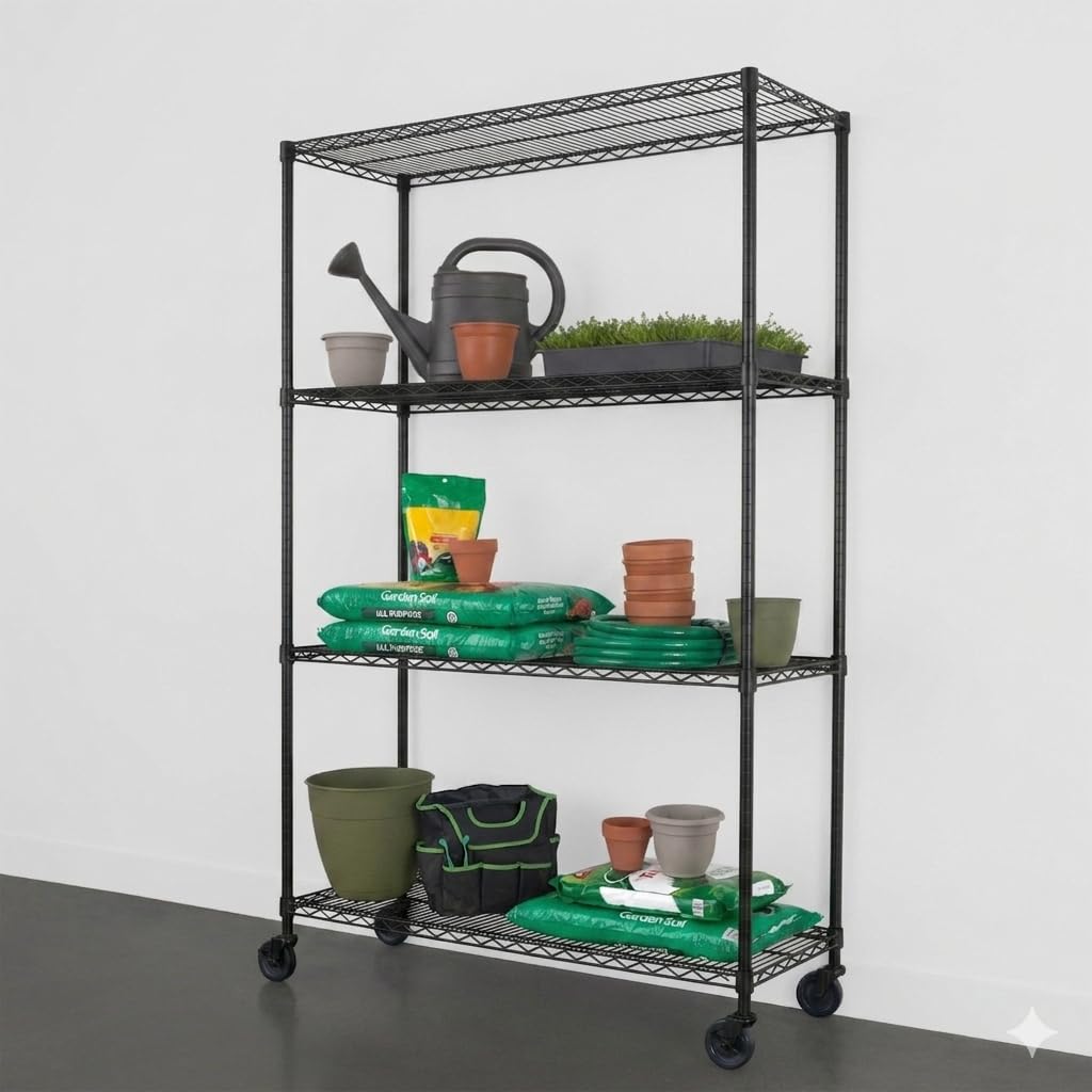 A black metal wire shelving unit on wheels with five shelves filled with gardening supplies.