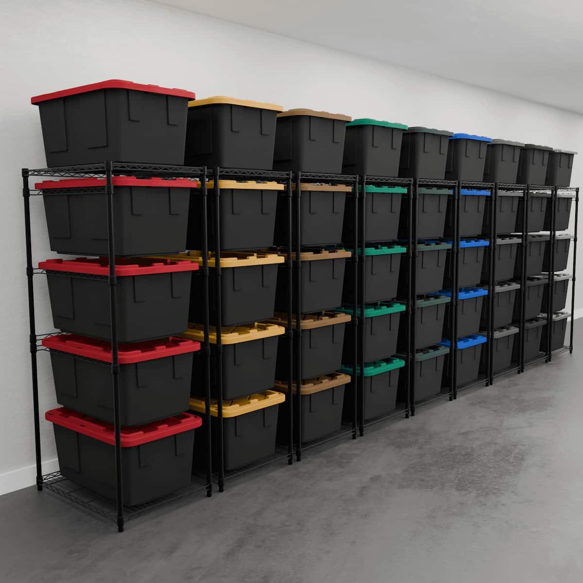 Row of storage racks featuring various bin colors