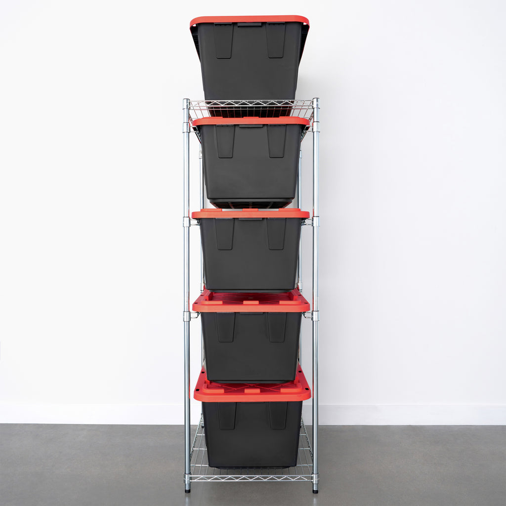 storage bin rack with red storage bins