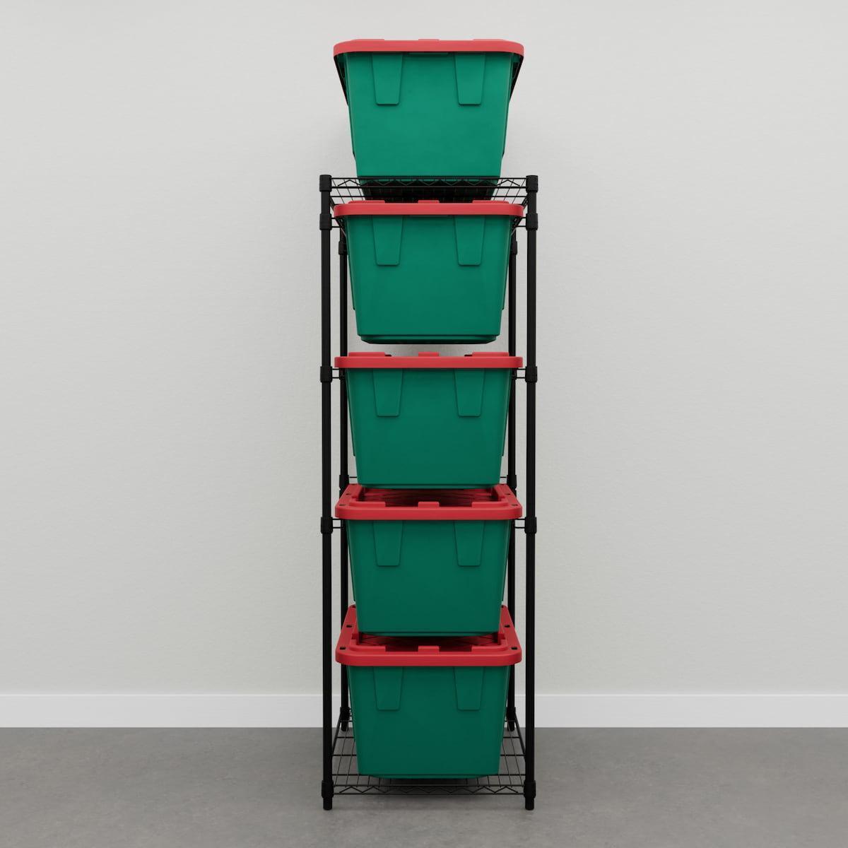 Black rack with five green and red bins