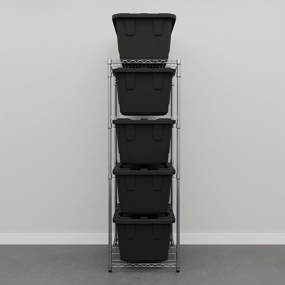 storage bin rack with black storage bins 