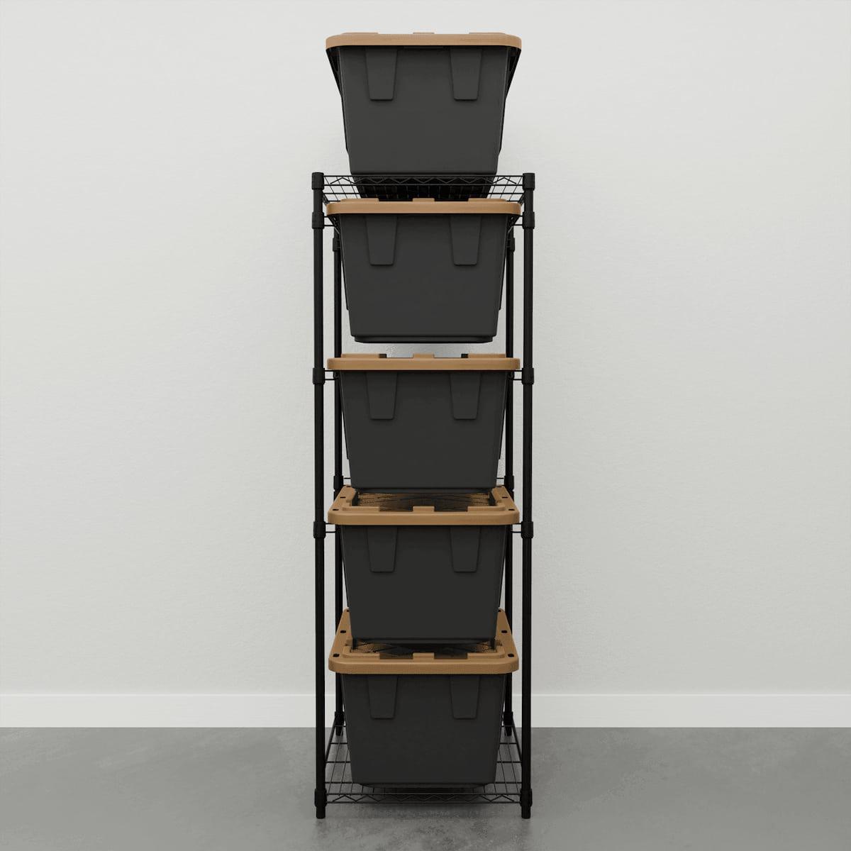 storage bin rack with black storage bins 