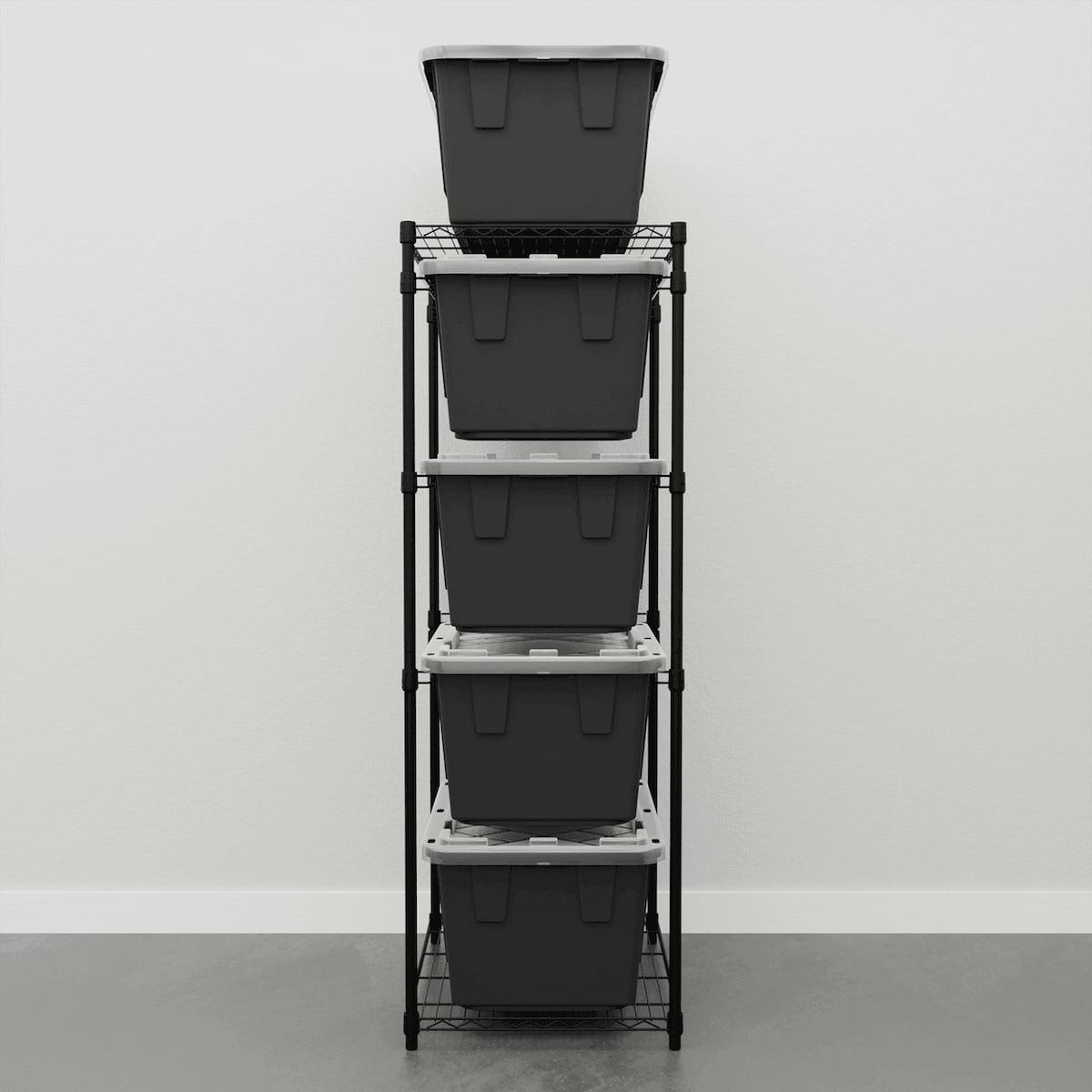 storage bin rack with black storage bins 