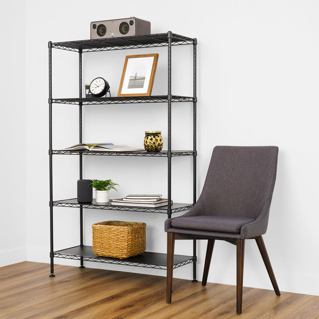 saferacks 14x36x60 wire rack in an interior setting with decorations like books, picture frames and candles