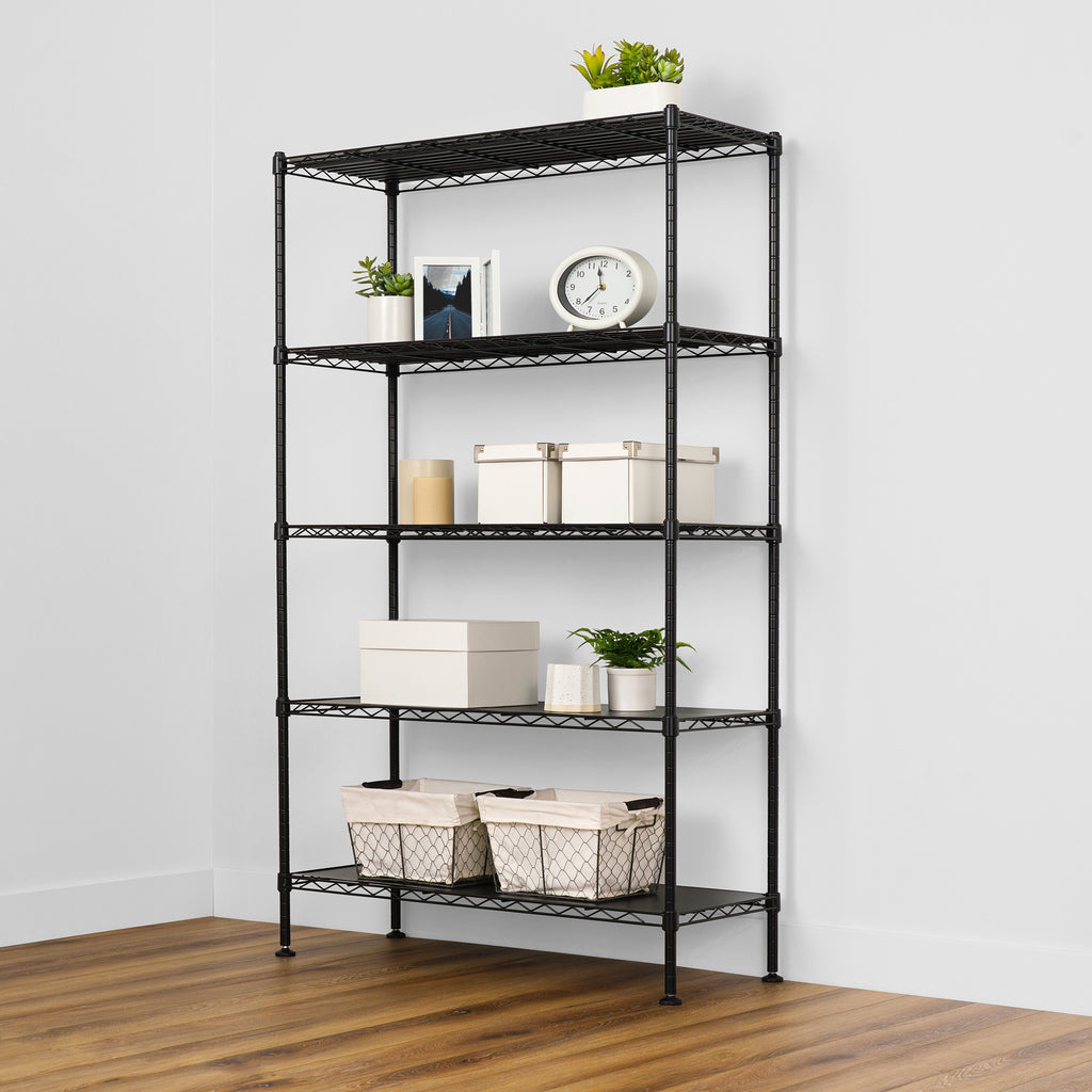 saferacks 14x36x60 wire rack with interior decorations like plants, picture frames and candles