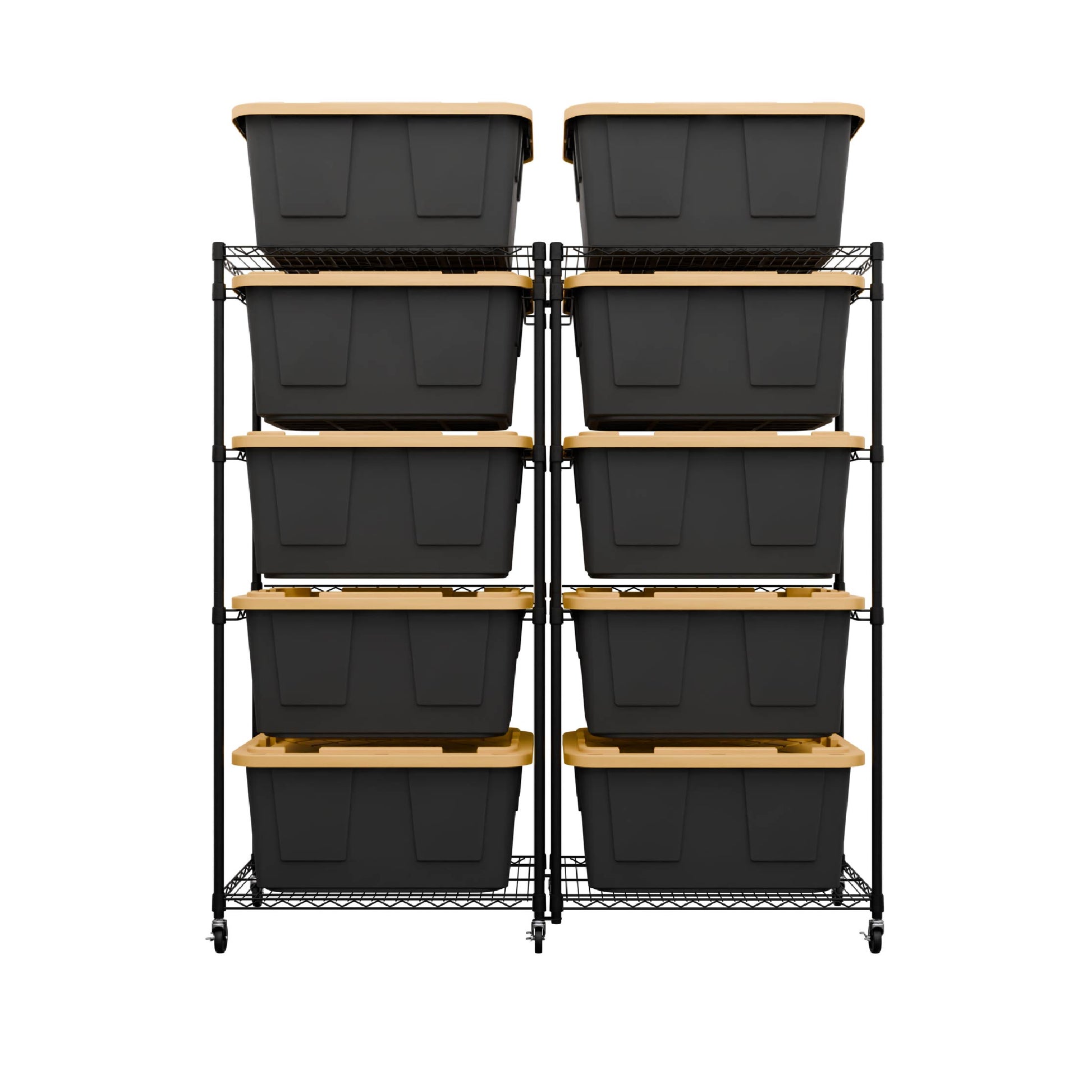 Two black side-loading bin racks side-by-side and joined by a connector kit installed on their vertical posts, each loaded with five black and yellow storage bins.