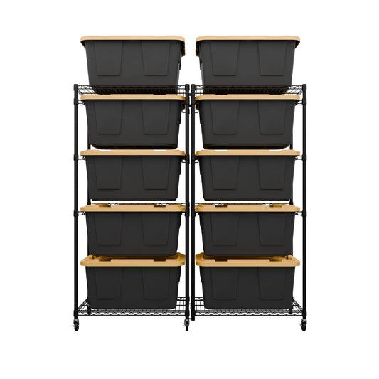 Two black side-loading bin racks side-by-side and joined by a connector kit installed on their vertical posts, each loaded with five black and yellow storage bins.