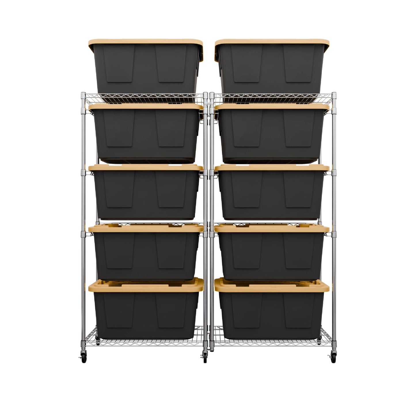 Two silver side-loading bin racks side-by-side and joined by a connector kit installed on their vertical posts, each loaded with five black and yellow storage bins.