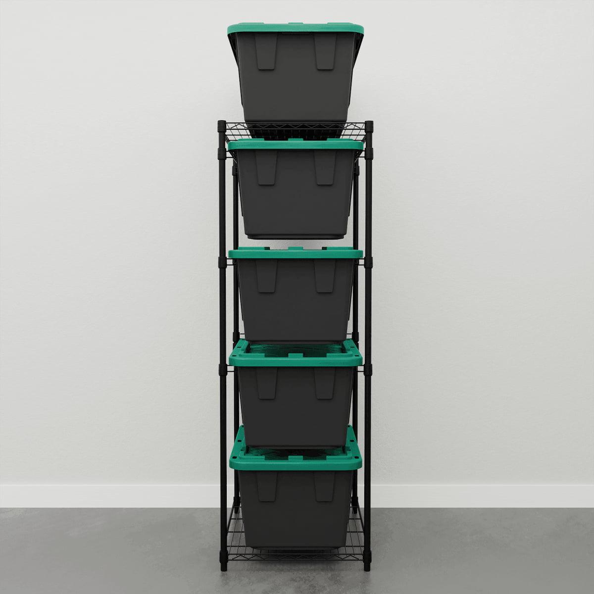 storage bin rack with black storage bins 