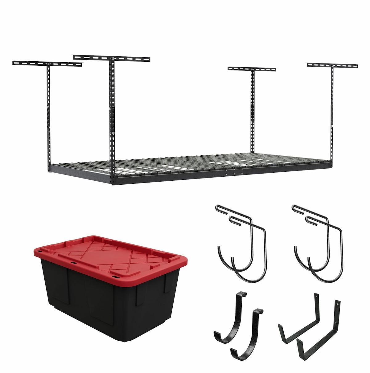 4' x 8' Hammertone Overhead Storage Rack with Black/Red Bin and Accessory Package