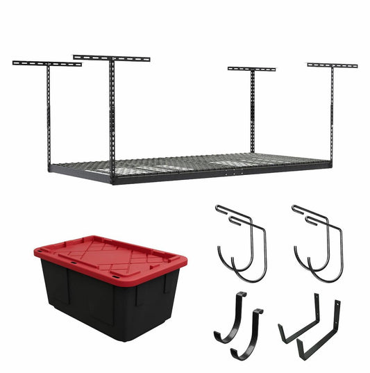 4' x 8' Hammertone Overhead Storage Rack with Black/Red Bin and Accessory Package